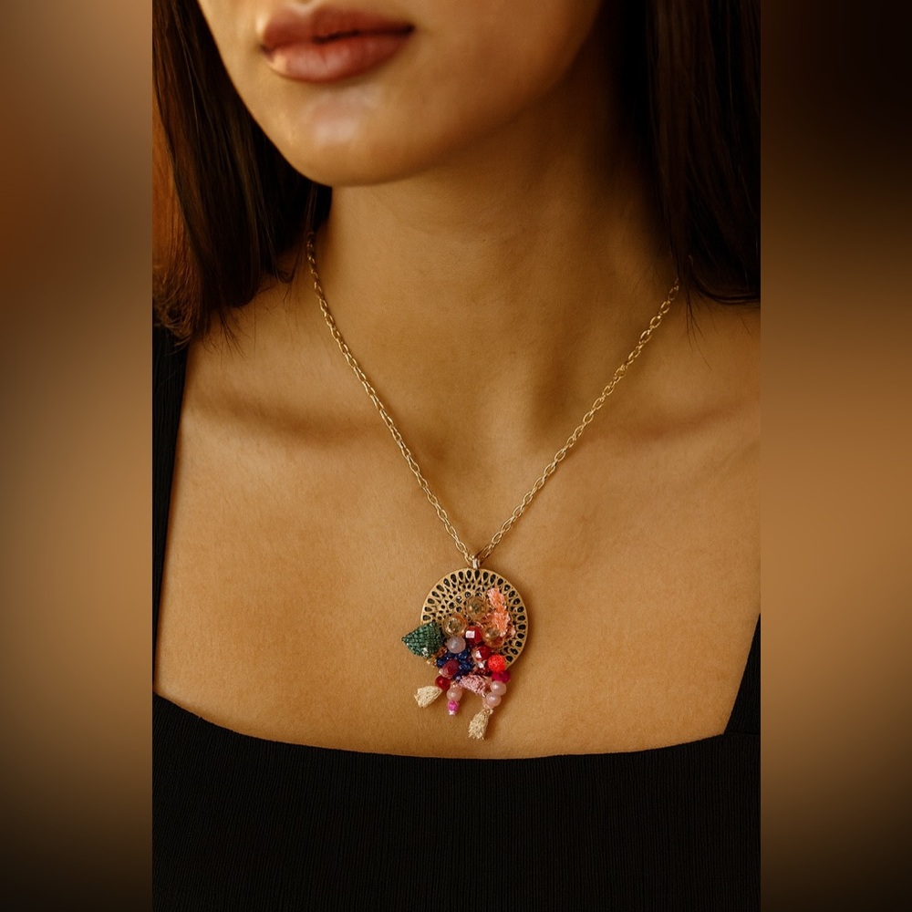 Hand Crafted Needlework Lace Necklace with Round Metal Pendant